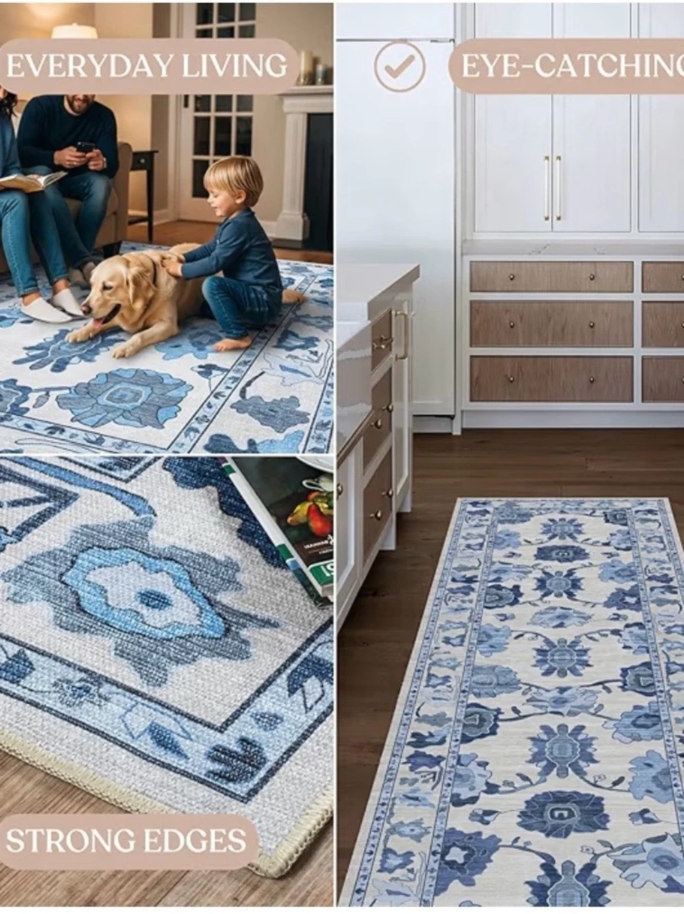 🌸H50 - Fame Blue Floral Runner Rug for Kitchen - Cream & Blue💙(STRG)